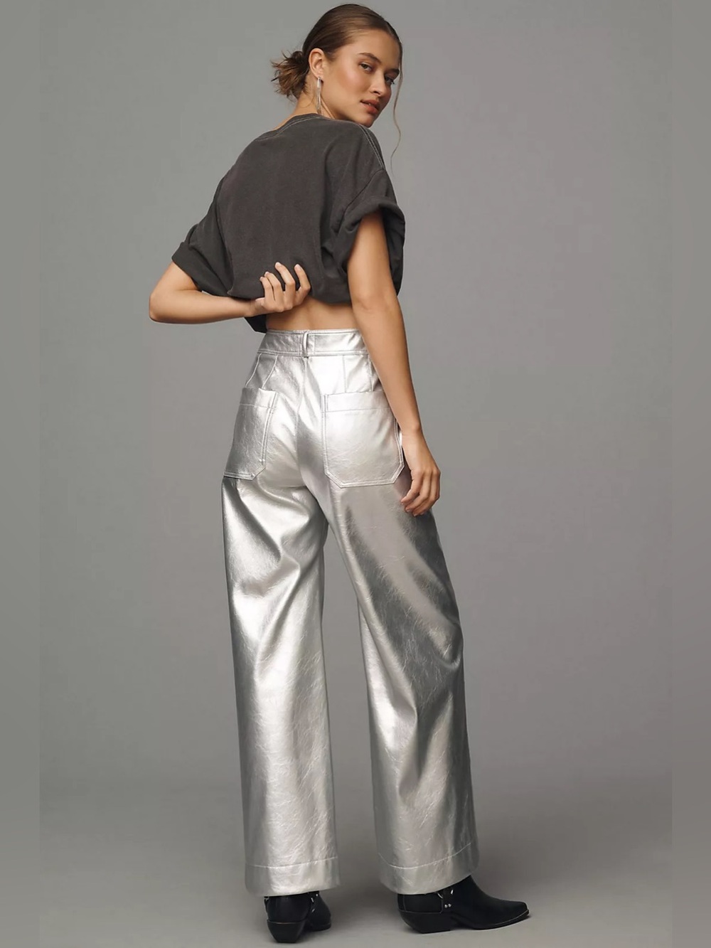 Anthro Maeve Ettie Metallic Vegan-Leather High-Rise Crop Wide-Leg Pants NWT 29P - Picture 3 of 11